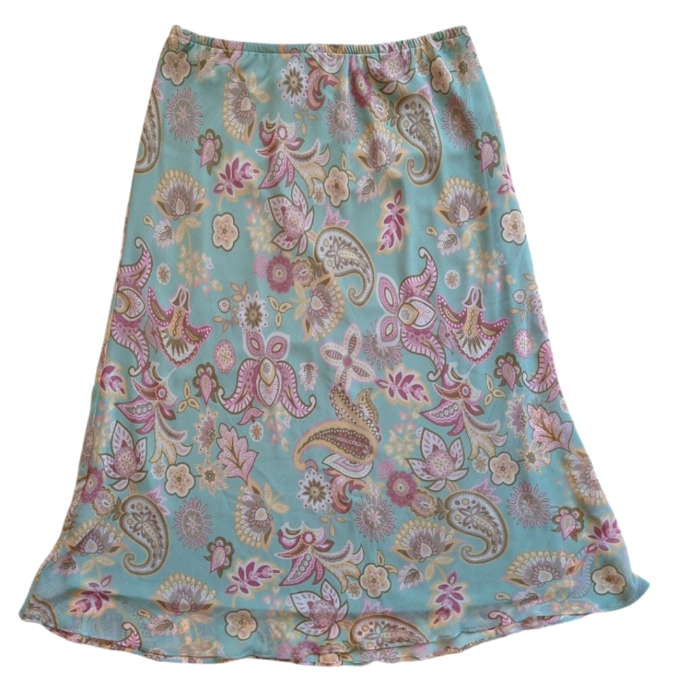Floral Paisley Crinkled Lined Y2K Midi Skirt 12 PETITE Mint Green Pink